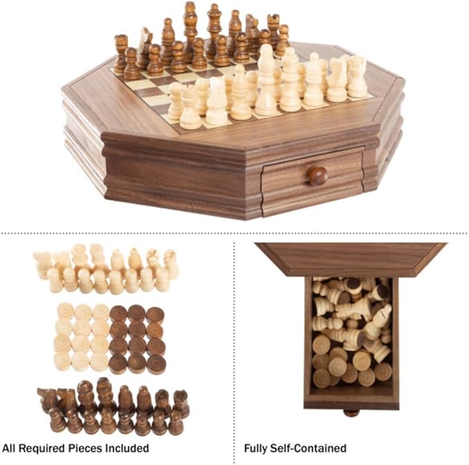 Octagonal Chess Set - Wooden Chessboard with 2 Storage Drawers and Carved Staunton Pieces - Classic Board Game for Kids and Adults by Trademark Games