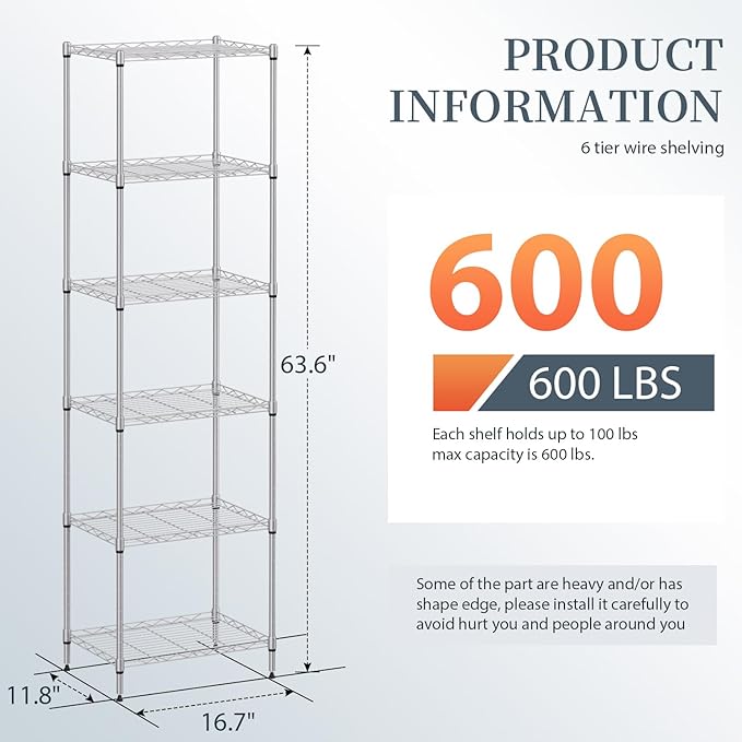 BestOffice 6-Shelf Storage Shelves, Adjustable Shelving Unit Wire Shelving Metal Shelves,11.8" D x 16.7" W x 63.6" H,Chrome