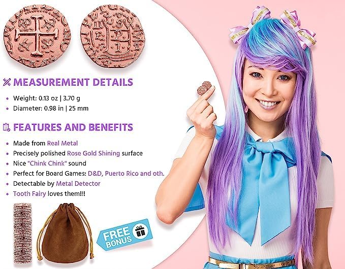 Large Metal Pirate Coins - 35 Rose Gold Treasure Coin Set, Metal Replica Spanish Doubloons for Board Games, Tokens, Toys, Cosplay - Realistic Money Imitation, Pirate Treasure Chest - Size 0,98"