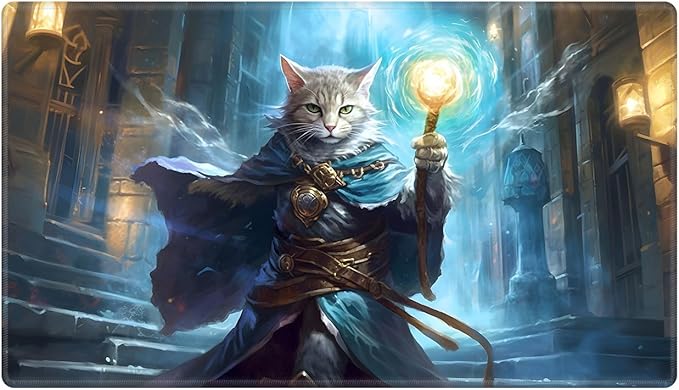 Playmat 24" x 14" Game Mats Tabletop Magic for MTG/TCG Cards, Trading Card Game Playing Stitched Play Mats Commander Deck Gaming Desk Mat Card Gameplay Mats, Cat Wizard Casting Spell