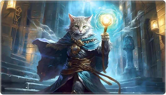 Playmat 24" x 14" Game Mats Tabletop Magic for MTG/TCG Cards, Trading Card Game Playing Stitched Play Mats Commander Deck Gaming Desk Mat Card Gameplay Mats, Cat Wizard Casting Spell
