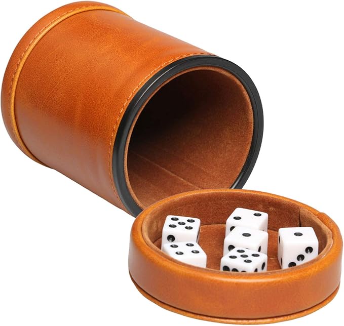 Leatherette Dice Cup with Lid includes 6 Dices, Velvet Interior Quiet in shaking for Liars Dice Farkle Yahtzee Board Games, Brown