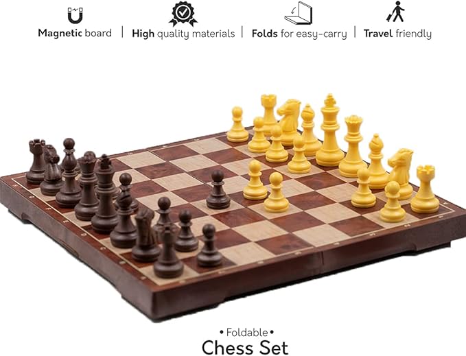 WEofferwhatYOUwant 2-in-1 Magnetic Travel Chess Set – Chess & Checkers Medium Size – Folding Wood Color Board – 12.4”