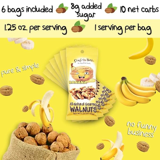 Crazy Go Nuts Walnuts - Banana, 1.25 oz (12-Pack) - Healthy Snacks, Vegan, Gluten Free, Superfood - Natural, Non-GMO, ALA, Omega 3 Fatty Acids, Good Fats, and Antioxidants