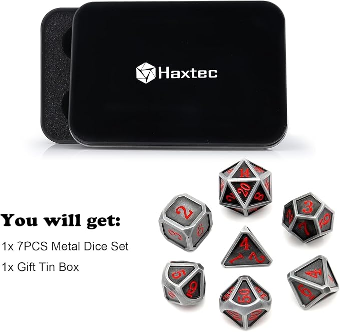 Haxtec Ancient Silver Metal DND Dice Set D&D 7PCS Large Rounded Antiue Iron RPG Dice Red Numbers for Dungeons and Dragons TTRPG Game Gifts',Standard size