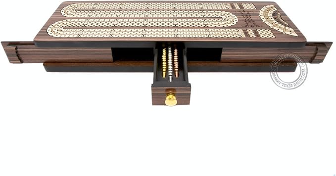 Continuous Cribbage Board/Box Inlaid in Rosewood/Maple - 3 Track - Sliding Lid with Score Marking Fields for Skunks, Corners and Won Games