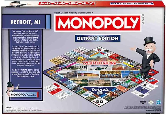 Monopoly Board Game Detroit MI Edition : 2-6 Players Family Board Games for Kids and Adults, Board Games for Kids 8 and up, for Kids and Adults, Ideal for Game Night