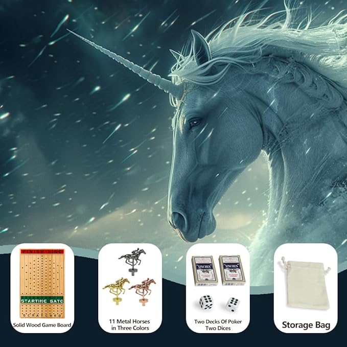 Horse Race Board Game with 11 Luxurious Durable Classic Metal Horses with 4 Dice and 2 Boxes of Cards Thickened Solid Wood Horse Racing Dice Game (Log Color，Rectangle)