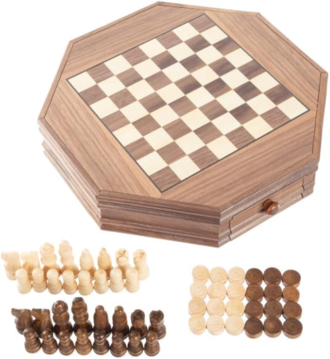 Octagonal Chess Set - Wooden Chessboard with 2 Storage Drawers and Carved Staunton Pieces - Classic Board Game for Kids and Adults by Trademark Games