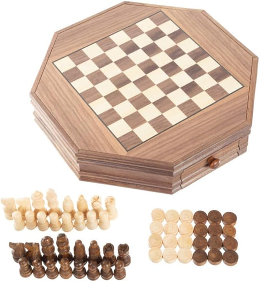 Octagonal Chess Set - Wooden Chessboard with 2 Storage Drawers and Carved Staunton Pieces - Classic Board Game for Kids and Adults by Trademark Games