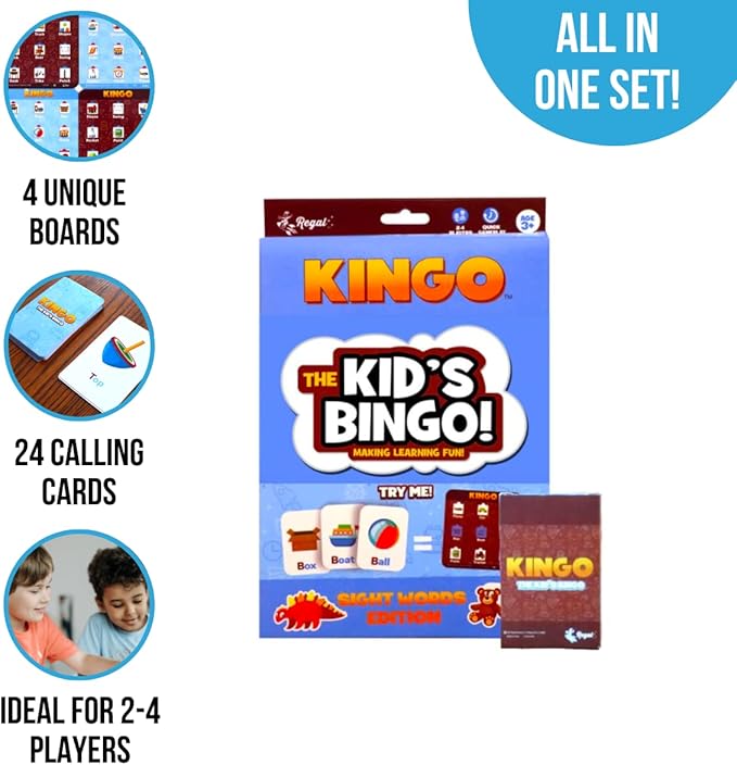 Regal Games Kingo Sight Words Edition Bingo Game - Educational Board Game for Preschool & Kindergarten - Fun Phonics & Vocabulary Builder for Home & Classroom - Kids Bingo Cards & Learning Resources