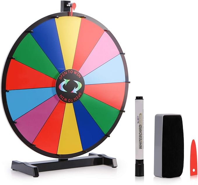 24 Inch Heavy Duty Spinning Prize Wheel - 14 Slots Color Tabletop Roulette Wheel of Fortune - Spin the Wheel with Dry Erase Marker and Eraser Win - Spinner Wheel Game for Carnival and Trade Show