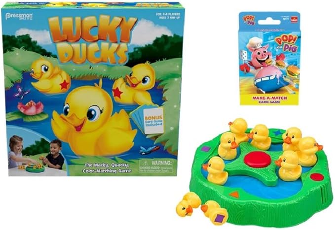 Pressman Lucky Ducks - The Memory and Matching Game That Moves - Includes A Fun Pop The Pig Make-A-Match Card Game-Multicolor