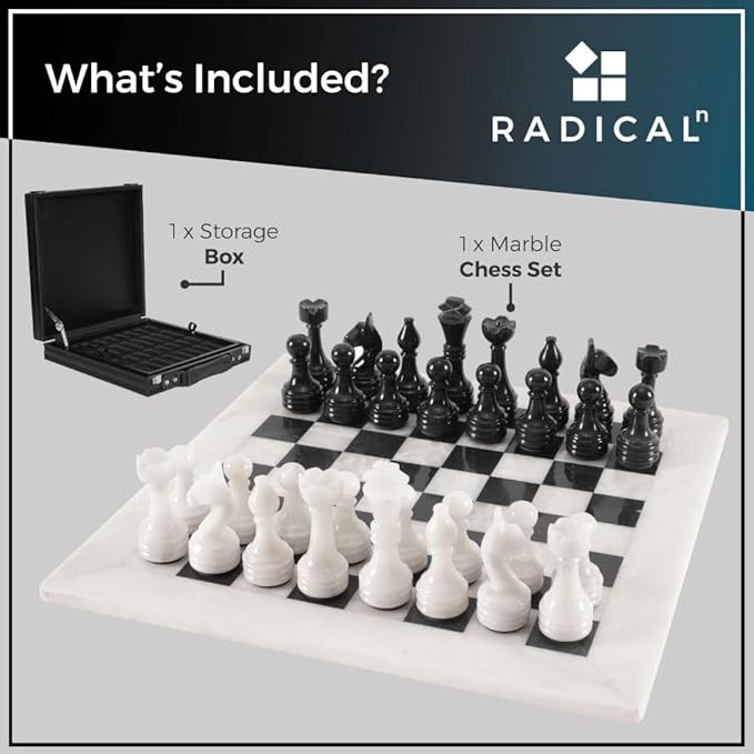 Radicaln Marble Chess Set with Storage Box 15 Inches White and Black Handmade 1 Chess Board with 32 Chess Pieces - Chess Game for 2 Player Board Game Chess Sets for Adults