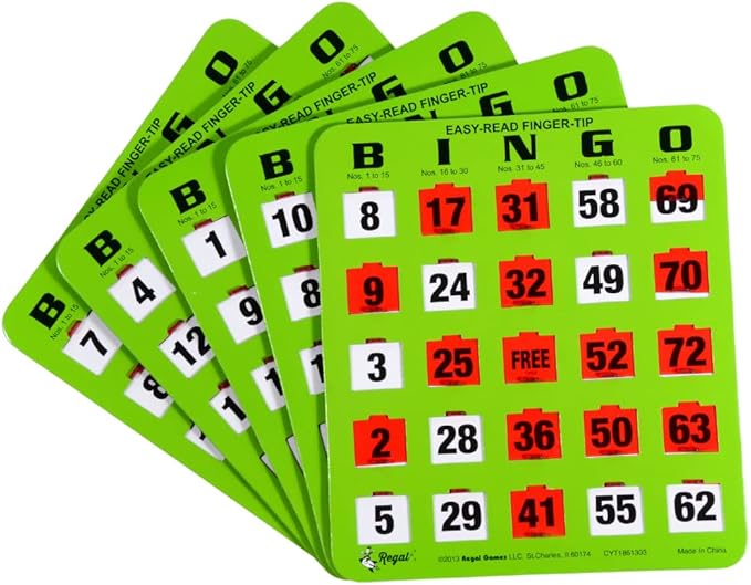 Regal Bingo - Shutter Slide Bingo Cards Only - 8” x 9” - 5-Ply Green Cardstock - Easy to Read - No Duplicates - Red Sliding Windows - Perfect for Large Groups, Bulk Purchasing