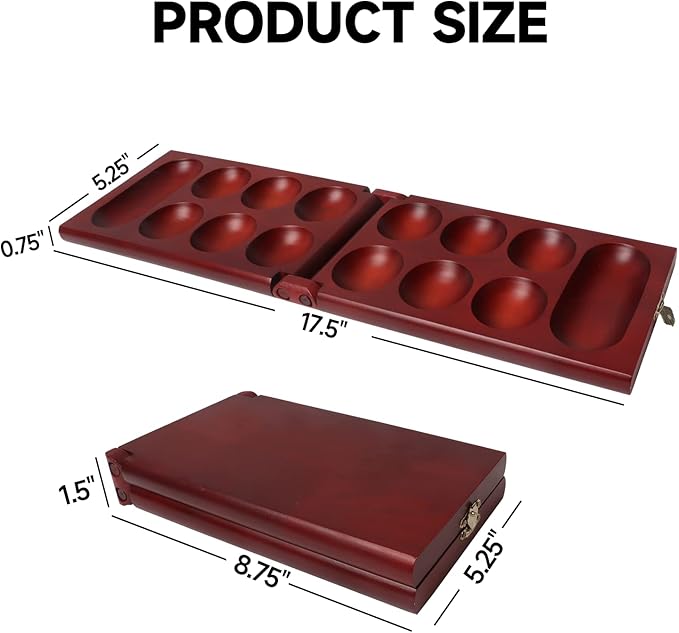 GSE Games & Sports Expert Folding Wooden Mancala Board Game with Multi-Color Glass Stones and Storage Bag, Portable Family Travel Strategy Games Set for Kids & Adults (Mahogany)