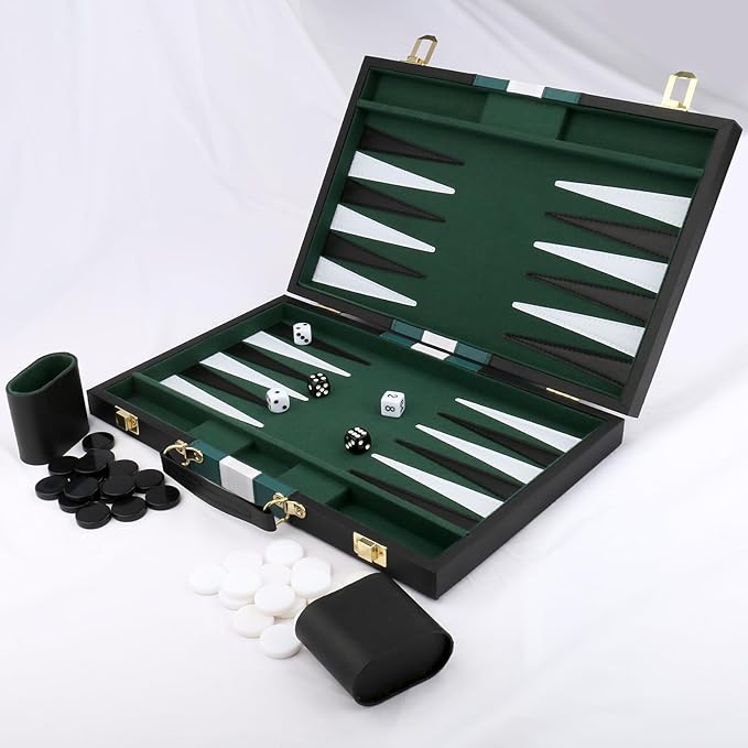 Backgammon Set - Classic Board Game with Premium Leather Case - Portable Travel Strategy Backgammon Game Set for Adults, Kids - Suitable as (15inch, Black)