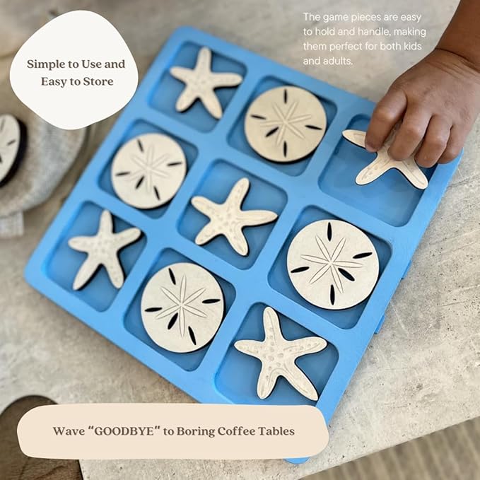 Beach Tic Tac Toe Game – Coastal Wooden Board Game with Sea Star vs Sand Dollar Pieces, Beach House Coffee Table Decor, Classic Two-Player Game, White Elephant Gift, 8.63-Inch Tic Tac Toe with Easel