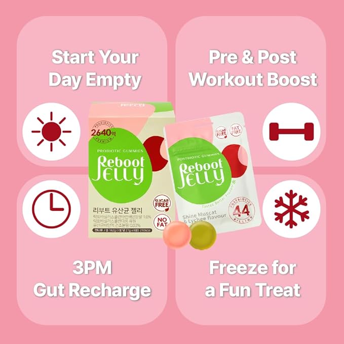 Reboot Probiotic Jelly | 44 Billion CFU Gummies | Vegan, Sugar-Free, Shelf-Stable | Chewable Lychee & Muscat Grape Flavor | 12 Pouches for Gut Health