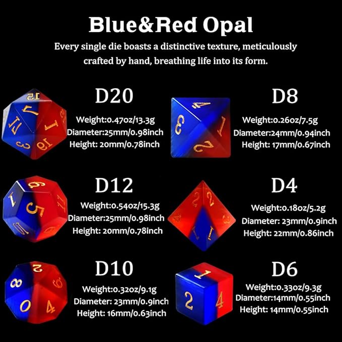 Gemstone DND Dice Set Natural Blue&Red Opal Dice Set 7Pieces D&D Dice Used in Dungeons and Dragons RPG Game（Cat's Eyes）