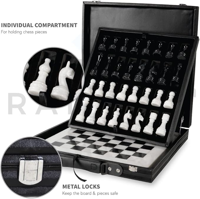 Radicaln Marble Chess Set with Storage Box 15 Inches White and Black Handmade 1 Chess Board with 32 Chess Pieces - Chess Game for 2 Player Board Game Chess Sets for Adults