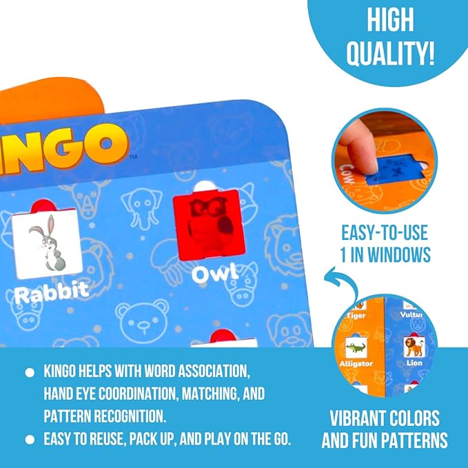 Regal Games Kingo Animals Edition Bingo Set - Fun Educational Word Games for Preschool & Kindergarten Kids - Learning Games for Family & Classroom - Vocabulary Builder, Phonics & Sight Word Games