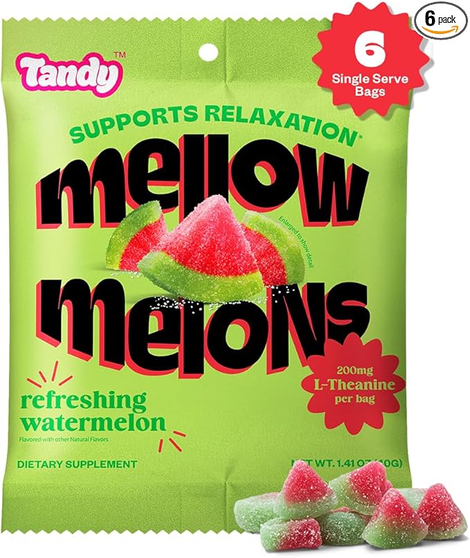 Tandy Mellow Melons L-Theanine Gummies I Relaxation Gummy with Refreshing Watermelon Flavor I Calming Gummies for Adults I Gluten-Free Fast-Acting Dietary Supplement Gummy I 6-Pack