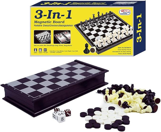 WEofferwhatYOUwant 3-in-1 Magnetic Travel Chess Set – Portable Chess, Checkers & Backgammon Board Game – 10” Folding Board