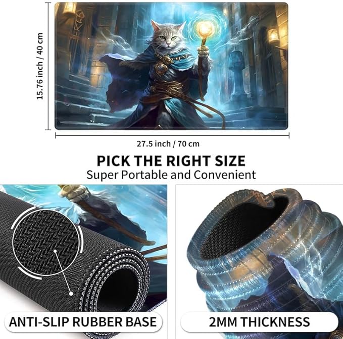Playmat 24" x 14" Game Mats Tabletop Magic for MTG/TCG Cards, Trading Card Game Playing Stitched Play Mats Commander Deck Gaming Desk Mat Card Gameplay Mats, Cat Wizard Casting Spell