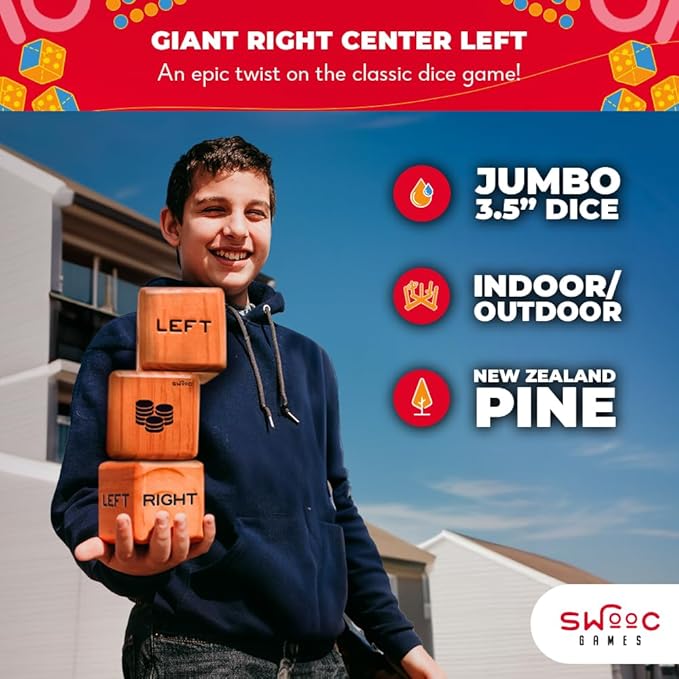 SWOOC Games® - Giant Right Center Left Dice Game (All Weather) with 24 Large Chips & Carry Bag - Jumbo Wooden Lawn Game - Big Backyard Games for Family - Indoor/Outdoor - Left Right Center Dice Set