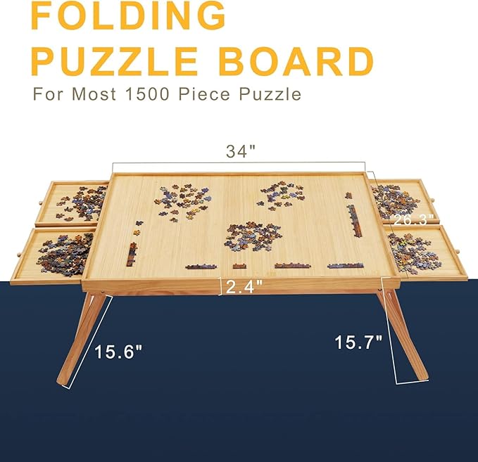 TEAKMAMA 1500 Piece Wooden Jigsaw Puzzle Board with 4 Drawers, Folding Puzzle Table with Protective Cover, Jigsaw Board with Legs, Multifunctional Game Table for Adults, 34W x 26.3D, Natural