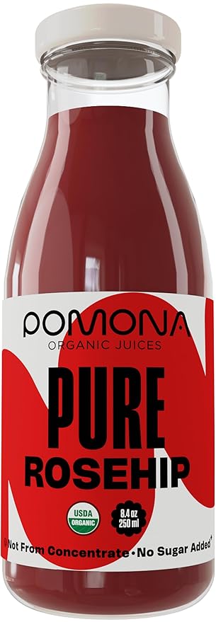 Pomona Organic Juices Pure Rosehip Juice, 8.4 Ounce Bottle (Pack of 12), Cold Pressed Organic Juice, Non-GMO, No Sugar Added, Not from Concentrate, Gluten Free, Kosher Certified, Preservative Free
