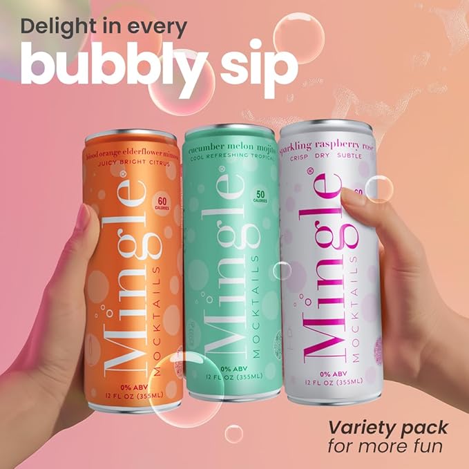 Mingle Mocktails Variety Pack, Premium Non-Alcoholic Drinks, Cucumber Melon Mojito, Blood Orange Mimosa, Raspberry Rose, Zesty Pre-Mixed Drinks, Canned Mocktails, 12 fl. oz. Cans, Pack of 12