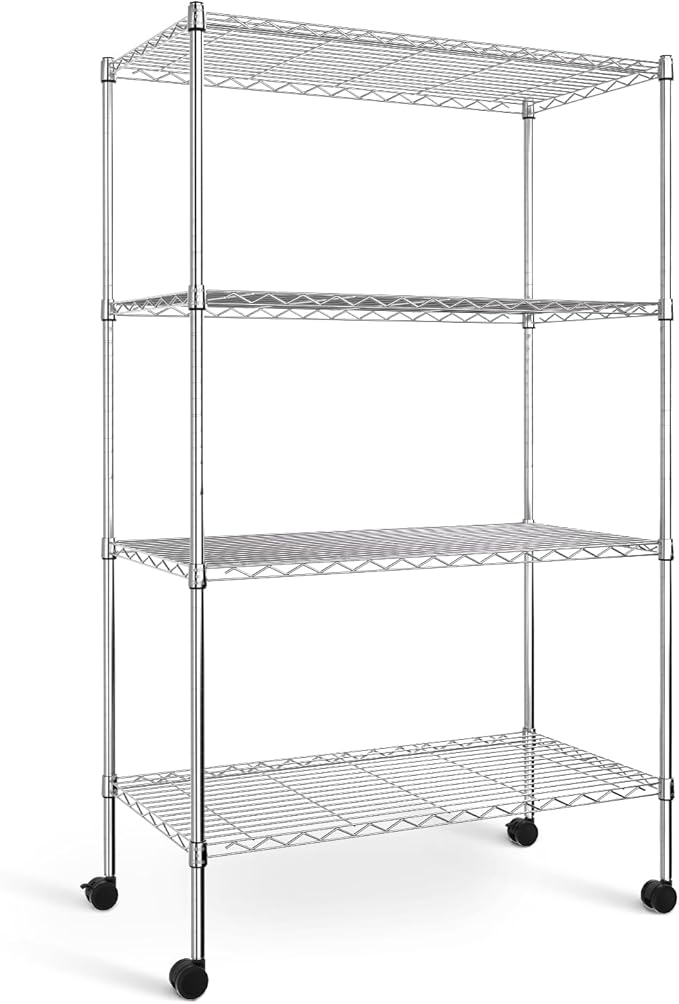 YSSOA Heavy Duty 4-Tier Shelving with Wheels, 35.43" D x 17.72" W x 61.02" H Adjustable Steel Organizer Wire Rack 1400 Lb Capacity, Chrome