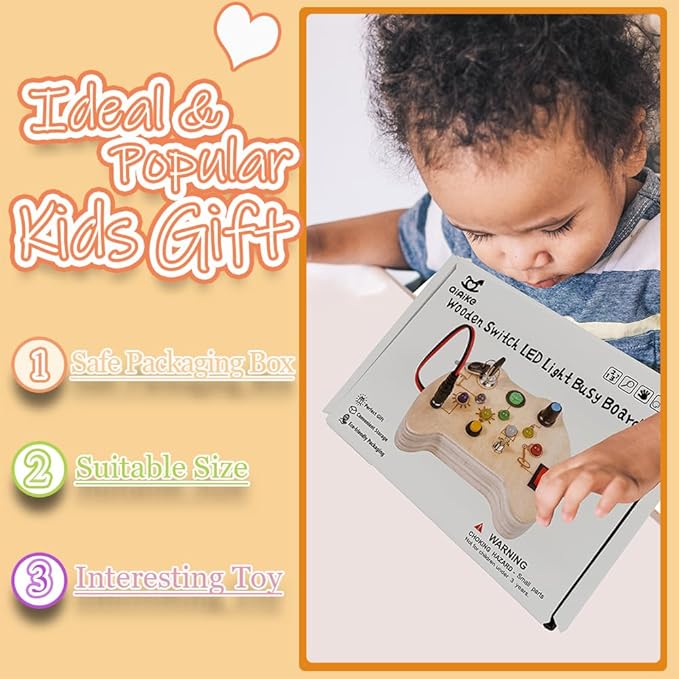 Wooden Fidget Toy Toddler Toys for Kids, Toddler Busy Board with 7 LED Lights Switches, Sensory Toys for Toddlers 3-4, Battery Powered Kids Toys Toddler Gifts, Learning Toys