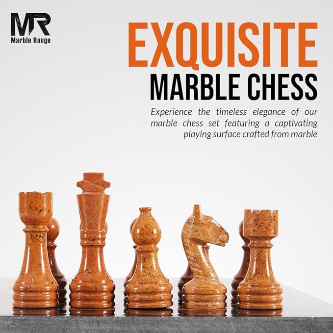 Marble Chess Set 15 Inch Handmade Black & Golden Board Game with Storage Box, Classic Travel Chess Set for Adults with Pieces & 2 Extra Queens, Elegant Gift & Home Décor