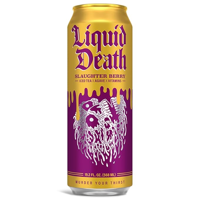 Liquid Death, Slaughter Berry Flavored Iced Tea, 8-Pack (19.2oz Cans), Raspberry Flavored Black Tea, Low Calorie, No Artificial Sweeteners, B12 & B6 Vitamins
