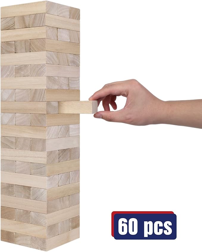 GOTHINK Giant Tumble Tower Game, Large Tumbling Tower Stack to Over 3.2 FT 60pcs Wooden Jumbo Blocks for Outside Yard Games with Carry Case Timber Stacking Game Night Toy Gift for Kids Adults Family