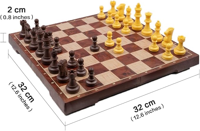 WEofferwhatYOUwant 2-in-1 Magnetic Travel Chess Set – Chess & Checkers Medium Size – Folding Wood Color Board – 12.4”