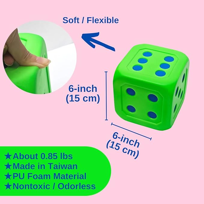 Macro Giant 6 Inch PU Foam Jumbo Big Playing Dice, Set of 2, Neon Green, Math Teaching, Teaching Aids, Board Games, Kid Toy