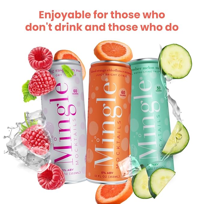 Mingle Mocktails Variety Pack, Premium Non-Alcoholic Drinks, Cucumber Melon Mojito, Blood Orange Mimosa, Raspberry Rose, Zesty Pre-Mixed Drinks, Canned Mocktails, 12 fl. oz. Cans, Pack of 12