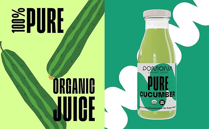 Pomona Organic Juices Pure Cucumber Juice, 8.4 Ounce Bottle (Pack of 12), Cold Pressed Organic Juice, Non-GMO, No Sugar Added, Not from Concentrate, Gluten Free, Kosher Certified, Preservative Free