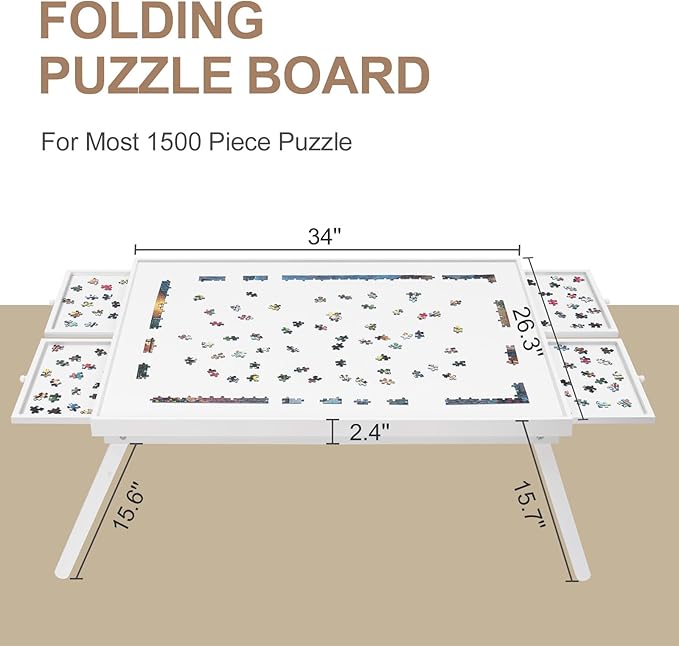 TEAKMAMA 1500 Piece Wooden Jigsaw Puzzle Board with 4 Drawers, Folding Puzzle Table with Protective Cover, Jigsaw Board with Legs, Multifunctional Game Table for Adults, 34W x 26.3D, White