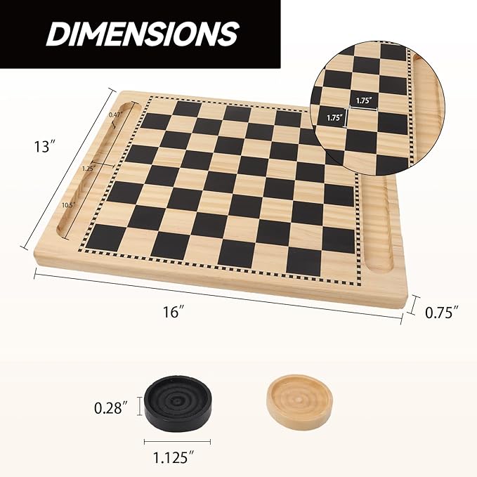 GSE Games & Sports Expert 2-in-1 Reversible Natural Wood Checkers and Tic-Tac-Toe Board Combo Set with Game Pieces, Family Game for Kids & Adults