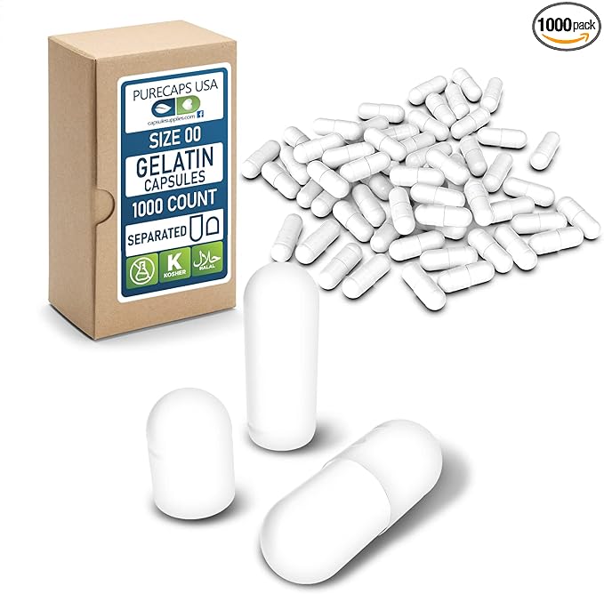 PureCaps USA - Empty Gelatin Capsules Size 00| 1,000 Separated Pills| White| Non-GMO Certified | SLS, Gluten, Preservative Free
