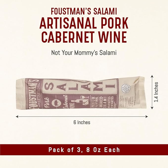 Foustman's Salami Pork Cabernet Wine Artisanal, Nitrate-Free, Naturally Cured, Gluten-Free, Dairy-Free, Pack of 3, 8 Oz Each
