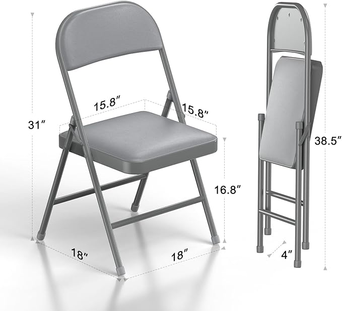 Nazhura 4 Pack Folding Chairs with Padded Vinyl Cushion Chairs with Comfortable Cushion and Durable Steel Frame for Home and Office, for Indoor and Outdoor Events (Grey Vinyl Padding 4 Pack)