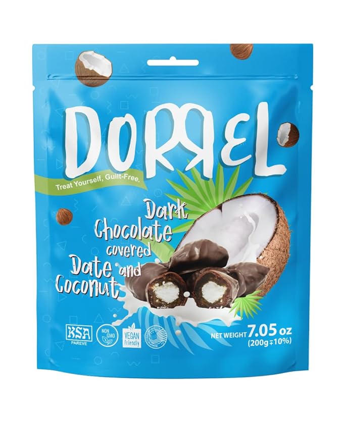 DORREL - Belgian Dark Chocolate Covered Dates (Medjool) with Coconut Stuffing, High Energy Vegan Choco Snack, Delicious, Kosher & Non-GMO, Pack of 1 Stuffed Chocolate Dates, 7.05 oz / 200 g Ea