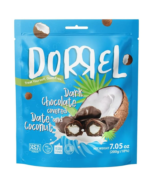 DORREL - Belgian Dark Chocolate Covered Dates (Medjool) with Coconut Stuffing, High Energy Vegan Choco Snack, Delicious, Kosher & Non-GMO, Pack of 1 Stuffed Chocolate Dates, 7.05 oz / 200 g Ea