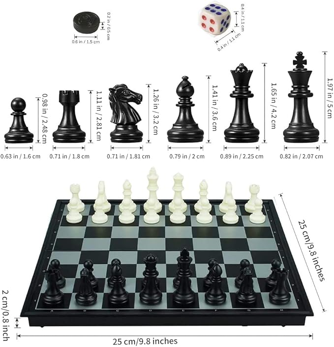WEofferwhatYOUwant 3-in-1 Magnetic Travel Chess Set – Portable Chess, Checkers & Backgammon Board Game – 10” Folding Board